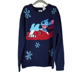 NWT Disney Stitch Navy Blue Kids Sweater Size 9/10 With‎ Snowflakes & Red Rocket
